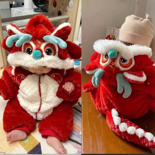 婴儿新年拜年服冬季龙年宝宝衣服冬装喜庆幼儿过年连体衣冬天超萌