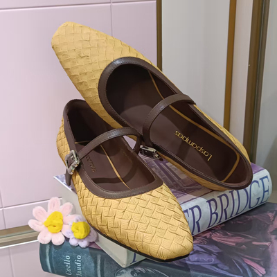 莱斯佩斯专柜夏季新款真皮编织一字带玛丽珍浅口女鞋8N50