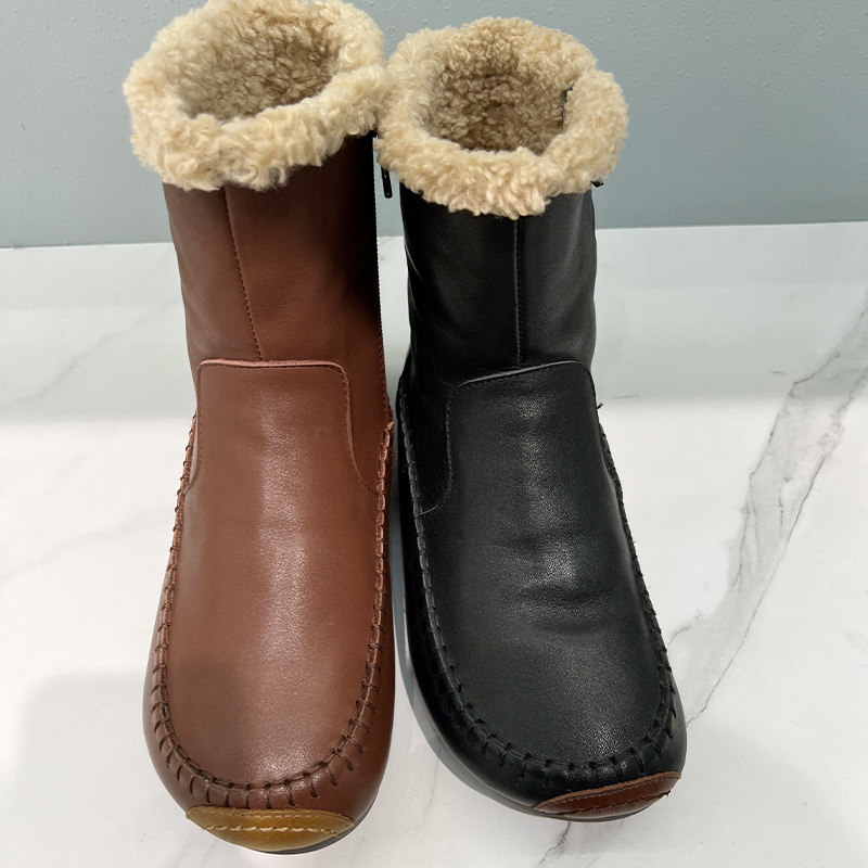莱斯佩斯女鞋专柜正品2022秋冬季平底棉靴加绒软底牛皮豆豆鞋5t54