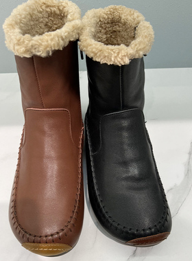 莱斯佩斯女鞋专柜正品2022秋冬季平底棉靴加绒软底牛皮豆豆鞋5t54
