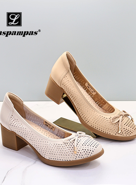 莱斯佩斯专柜正品真皮镂空软底粗跟一脚蹬单鞋6B21