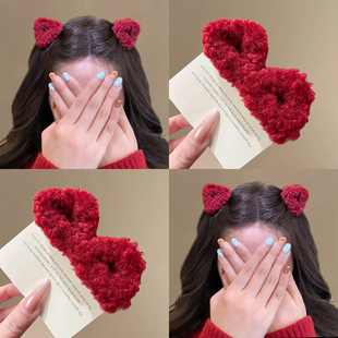 新年红色刘海侧边夹猫耳朵毛绒发夹过年头饰公主头小抓夹女高级感