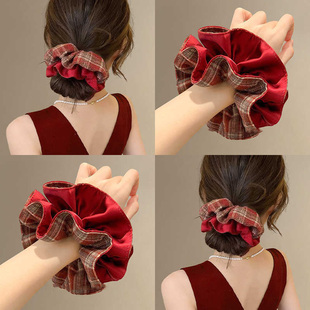法式红色格纹双层大肠发圈女2026新款高级感洋气时尚新年发饰头绳