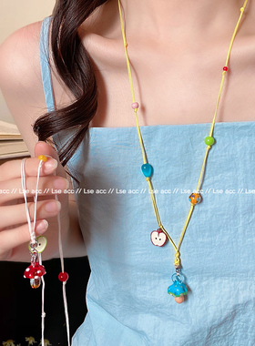 多巴胺粉蓝撞色串珠蘑菇吊坠项链