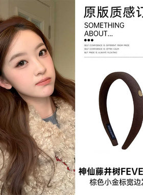 神仙藤井树fever同款_棕色小金标宽边发箍女2025新款高颅顶发卡饰