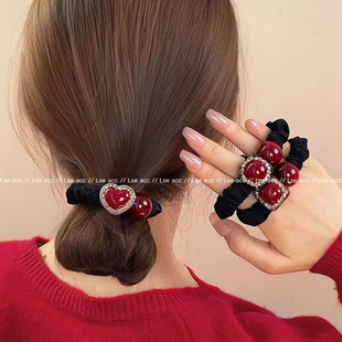 红色爱心小肠发圈水钻韩国高档扎丸子头专用头绳女发绳女2025新款