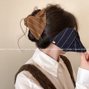 复古布艺条纹三角抓夹女大号饱满后脑勺盘发夹子马尾夹鲨鱼夹发饰