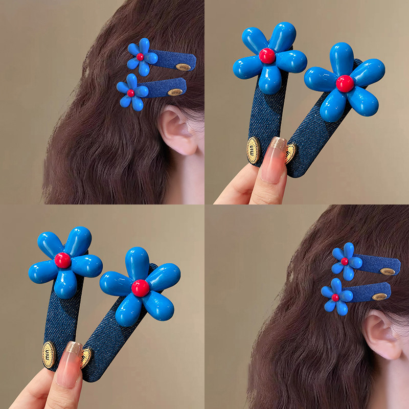 韩系蓝色花朵发夹女2025新款气质时尚牛仔侧边夹发饰百搭发卡头饰