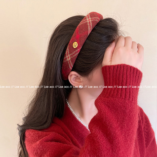新年氛围感红色格纹高颅顶发箍女秋冬新款高级感复古发卡头箍头饰