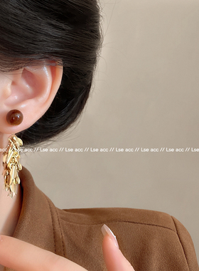 金色羽翼~美拉德虎眼石麦穗流苏耳环女秋冬高级感耳钉方圆脸耳饰