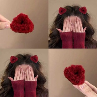 新年红色刘海侧边夹猫耳朵毛绒发夹过年头饰公主头小抓夹女氛围感