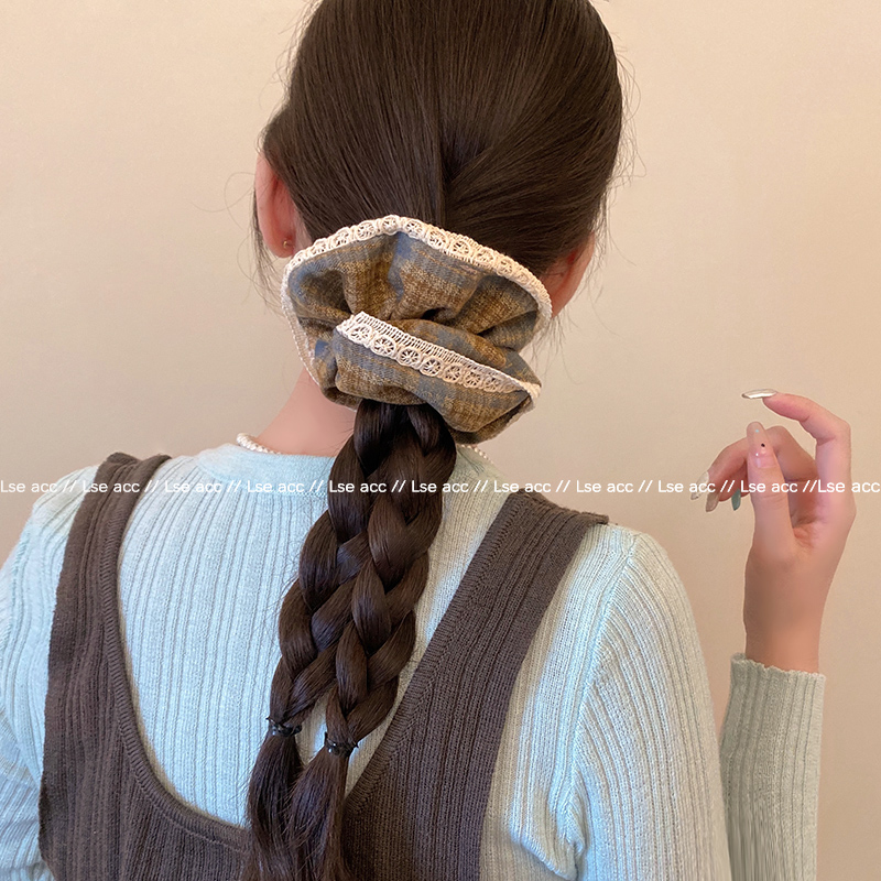 韩系格纹蕾丝花边大肠发圈