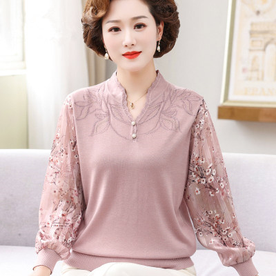 妈妈春装纱袖打底衫上衣女中老年人春秋内搭针织长袖T恤小衫薄款