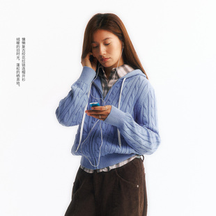 NORYBRAND 慵懒感经典复古绞花拉链连帽开衫新款山羊绒毛衣外套