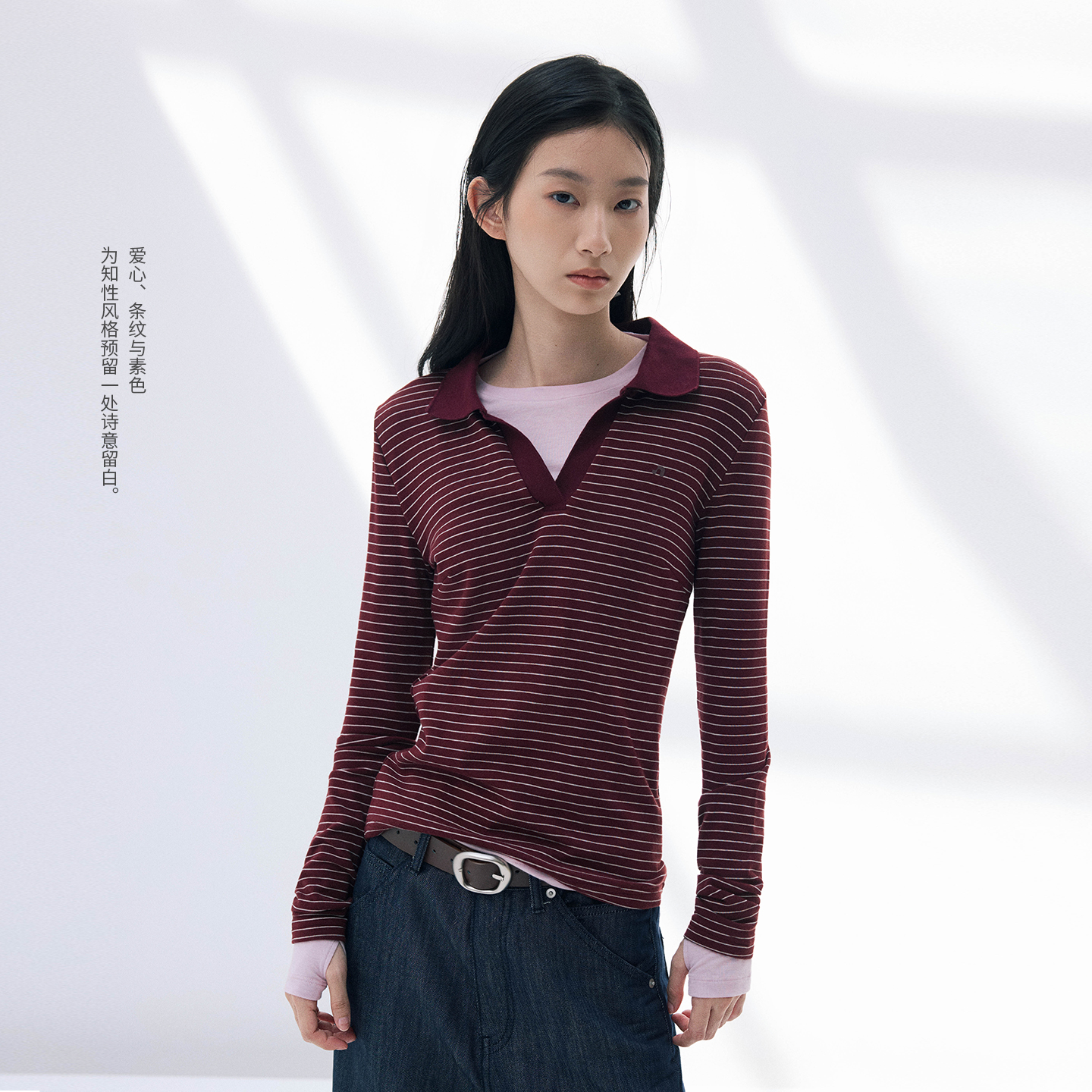 NORYBRAND女生系列 慕斯磨毛翻领修身深V领POLO衫长袖 高知老钱风