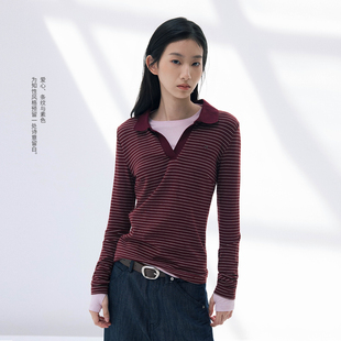 NORYBRAND女生系列 慕斯磨毛翻领修身深V领POLO衫长袖 高知老钱风