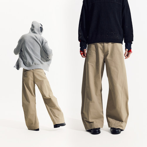 NORYBRAND 廓形弯刀裤抽折弧线细节长裤 简约百搭宽松遮肉休闲裤