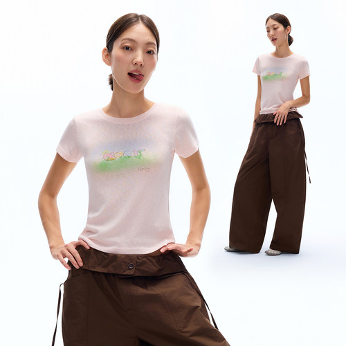 NORYBRAND  女装系列-nory花卉印花圆领短袖透气正肩修身T恤夏季