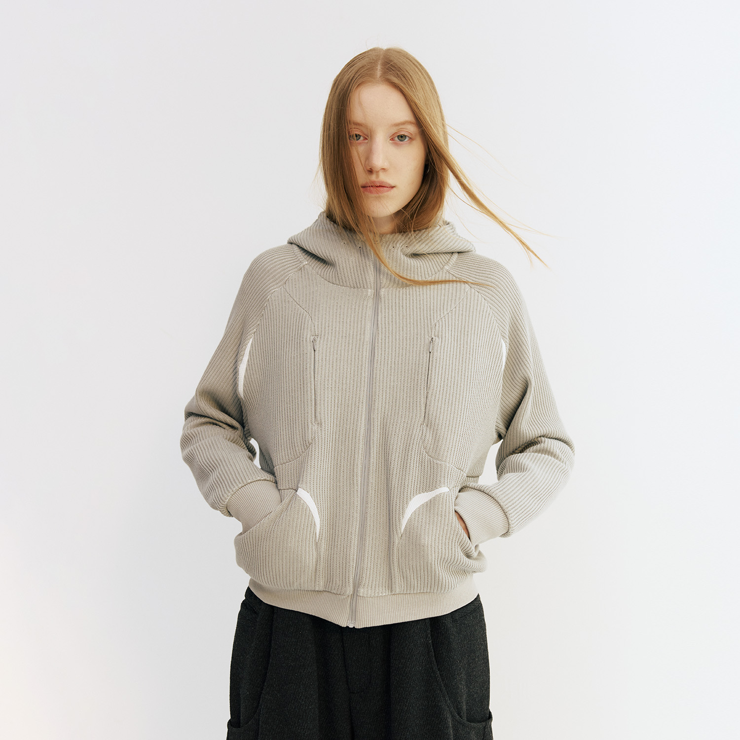 NORYBRAND 粗线毛织感复合面料多口袋网眼拼接连帽卫衣