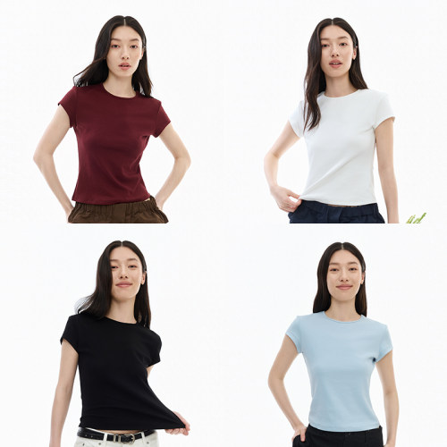 NORYBRAND女装/简约基础百搭修身显瘦正肩圆领T恤/休闲通勤短袖