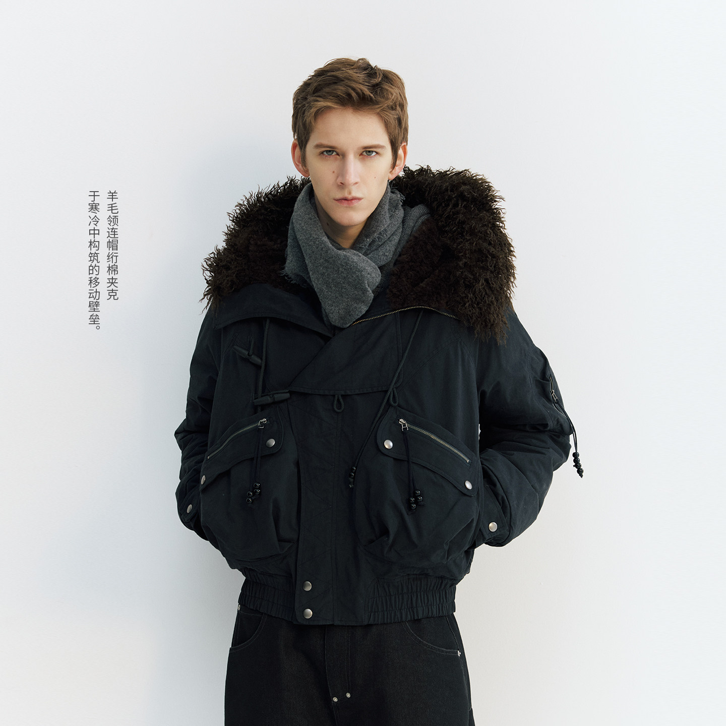 NORYBRAND 箱型裁剪滩羊毛领连帽绗棉座山雕夹克休闲时尚保暖外套