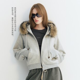 NORYBRAND 休闲风结构果冻棉可拆卸毛领卫衣时尚百搭拉链长袖外套