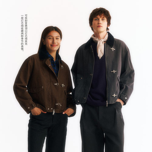 NORYBRAND可拆卸变换领口飞机扣短款夹克做旧洗褪灯芯绒休闲外套