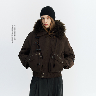 NORYBRAND 箱型裁剪滩羊毛领连帽绗棉座山雕夹克休闲时尚保暖外套