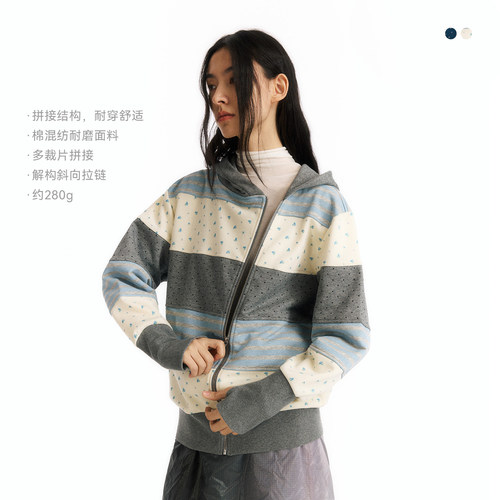 NORYBRAND 碎花拼接斜拉链卫衣女小众设计感春秋连帽休闲外套上衣