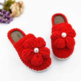 钩针男女童棉拖鞋材料包手工编织教程勾毛线团鞋底diy粗线 泡芙花