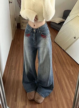 复古蓝直筒牛仔裤女2026春季新款竹节纹美式刺绣设计感宽松阔腿裤