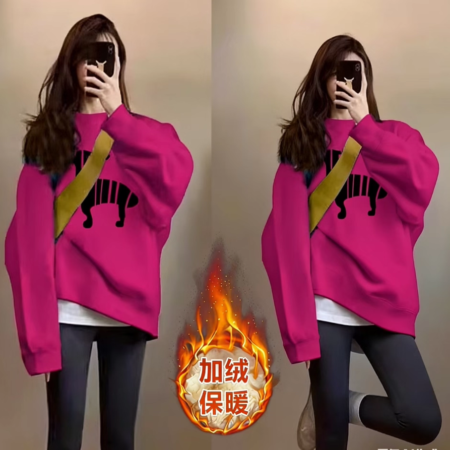 火龙果色美式加绒卫衣女2025秋冬新款多巴胺宽松玫红色长袖上衣潮