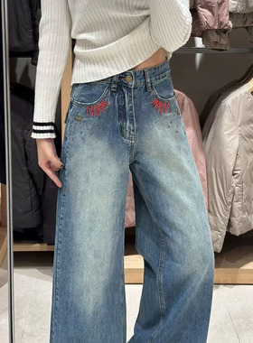 复古美式设计刺绣牛仔裤阔腿新款个性百搭重工宽松显瘦通勤拖地裤