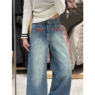 百搭重工宽松显瘦通勤拖地裤 复古美式 个性 阔腿新款 设计刺绣牛仔裤