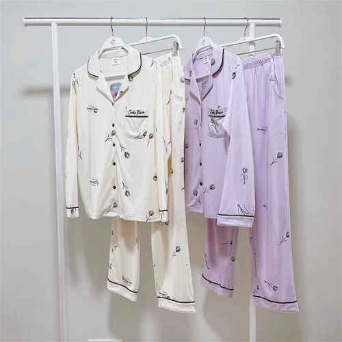 休闲长袖长裤翻领印花开衫家居服