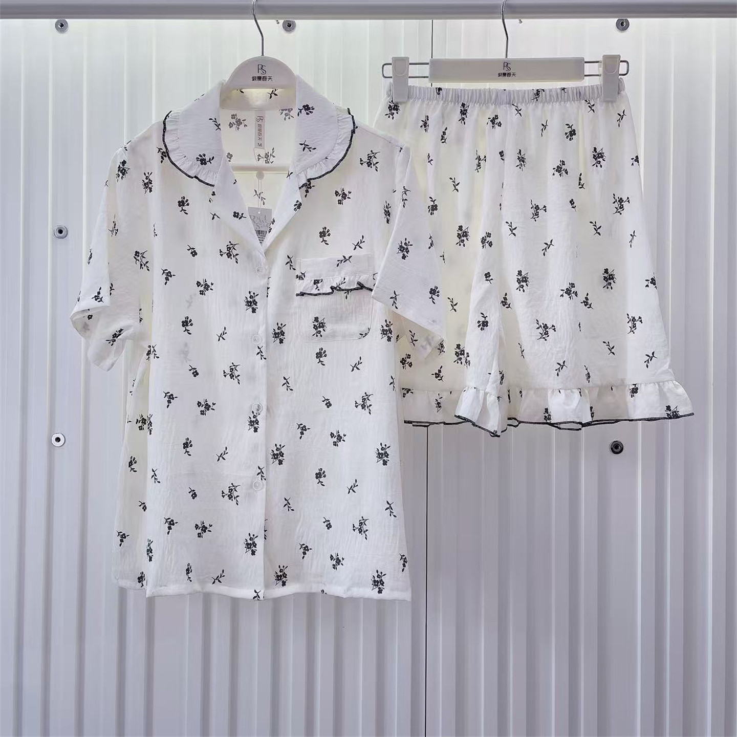 浪漫春天睡衣女25夏吸汗透气翻领短袖短裤对襟家居服套装65030906