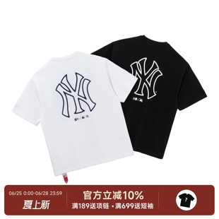 正品现货New Era纽亦华MLB联名NY洋基队线条霓虹logo短袖T恤男女