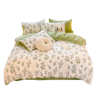 秋冬双面牛奶珊瑚绒被套单件加厚单独被罩加绒床单绿色四件套新款