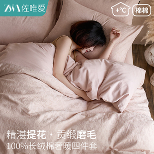 新款 粉色纯棉磨毛床上四件套轻奢高级感主卧室冬加厚a类床单被套