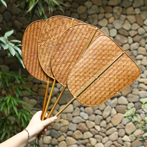 竹编大漆扇子团扇长柄手工汉服古风中式蒲扇青篦扇夏季纳凉扇家用