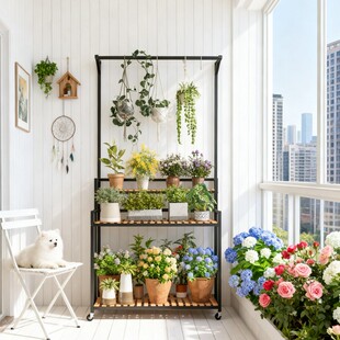 带轮阳台花架子客厅落地式可移动铁艺多肉花盆托架多层实木置物架