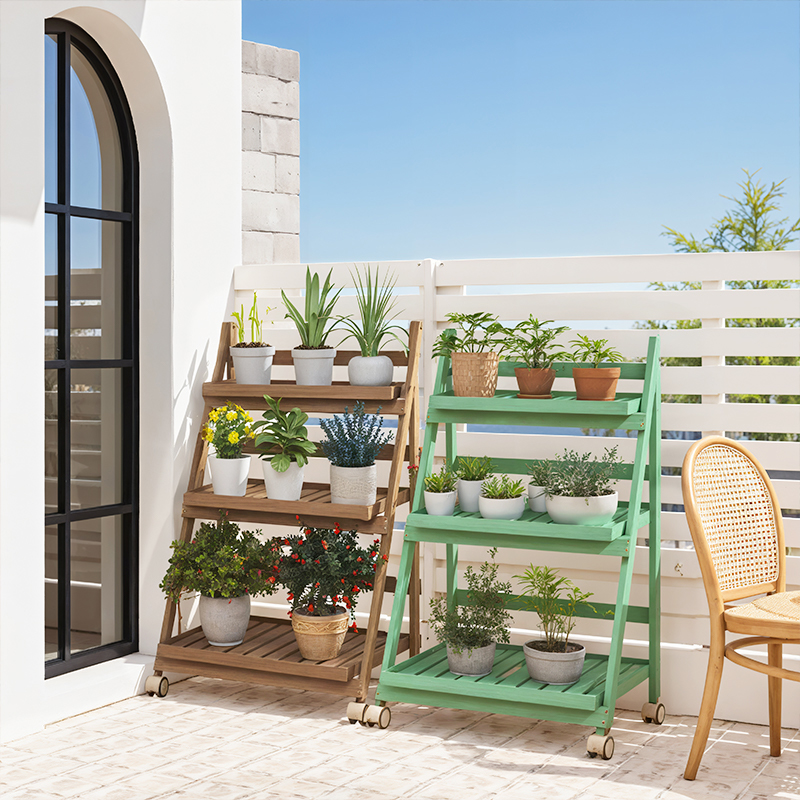 加厚实木折叠带轮花架子阳台户外
