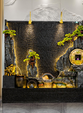 公司招财装饰中式客厅假山水幕墙喷泉造景会所餐厅流水生财摆件