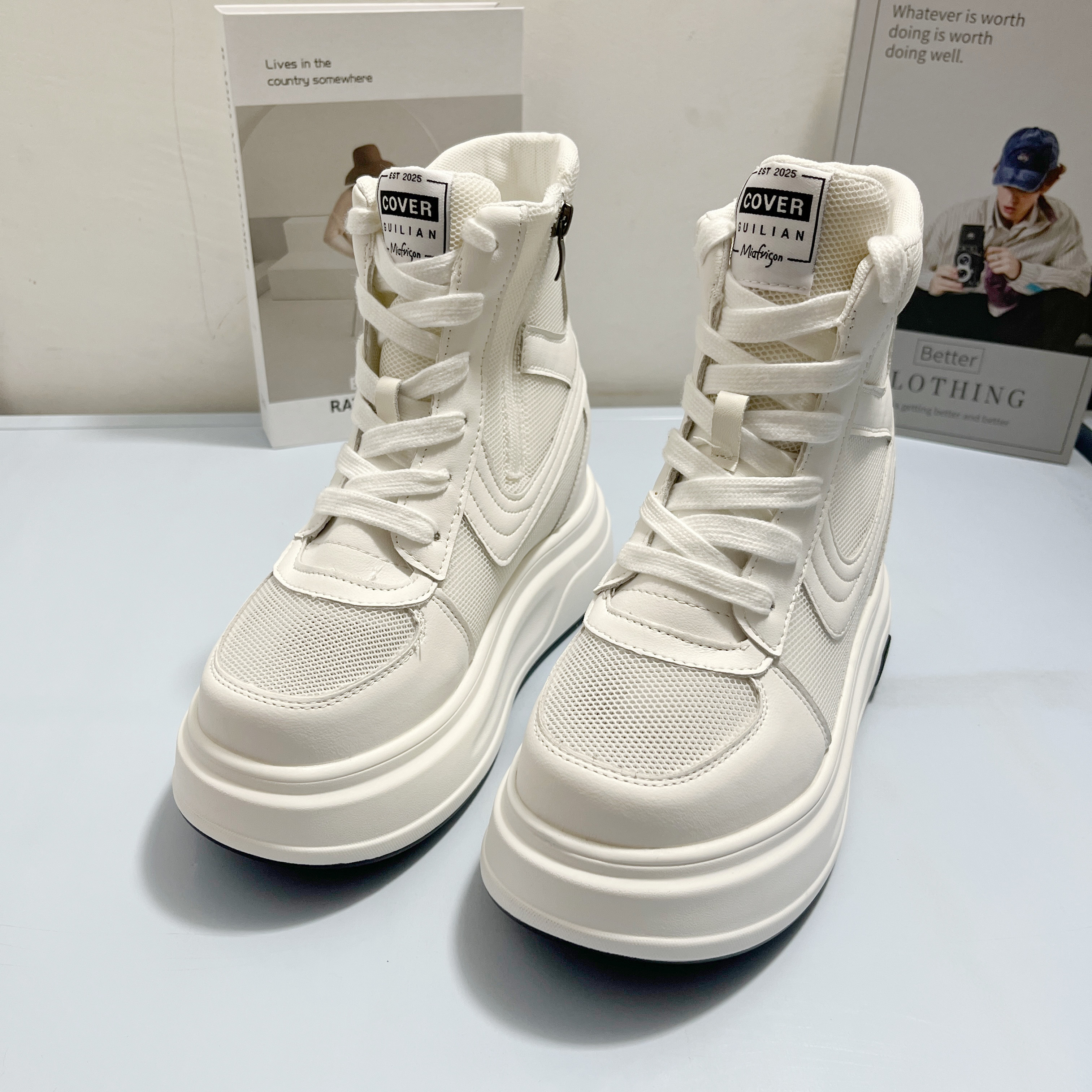 夏季网面小白鞋15CM增高厚底