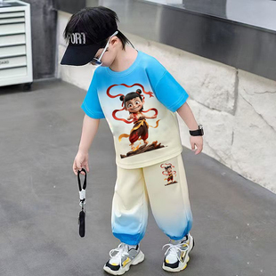 姐弟装儿童哪吒衣服夏款2025新款吊染中小童男童女童短袖运动套装