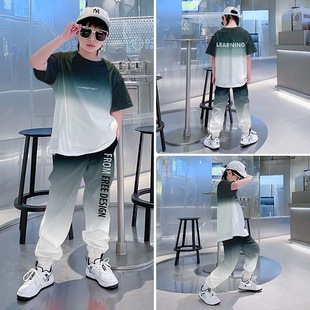 大童男孩夏季潮流套装儿童时尚冰丝渐变两件套男童短袖束脚裤夏装