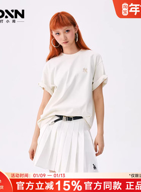 MLB 25秋季KARINA同款官方正品黑色短袖男女情侣半袖休闲T恤TSB02