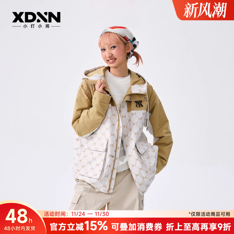 MLB 25秋季新款老花连帽夹克男拼色百搭户外防风女宽松外套WJM01