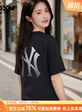 MLB26夏季新款宽松百搭男老花大Logo纯色短袖女黑色半袖T恤M08/04