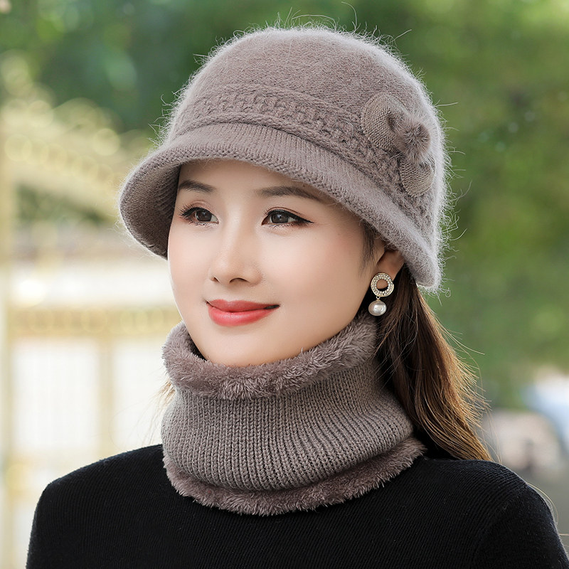 中老年人帽子女冬季妈妈帽冬天加绒加厚保暖奶奶毛线帽围脖两件套